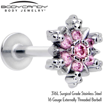 16G 5/16 Pink CZ Gem Glam Snowflake Labret Monroe Tragus