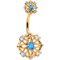 Blue CZ Gem Gold Tone Flower Ring Double Mount Belly Ring
