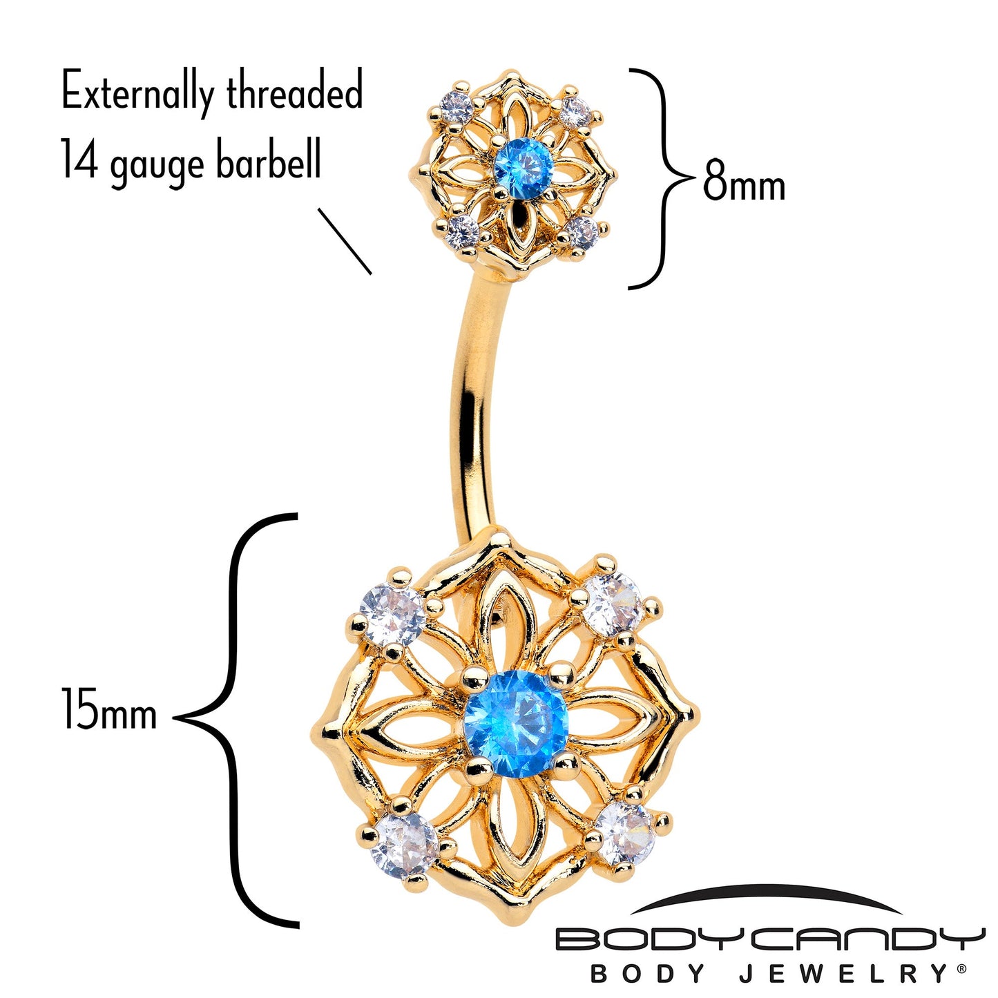Blue CZ Gem Gold Tone Flower Ring Double Mount Belly Ring