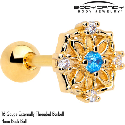 16G 1/4 Blue CZ Gem Gold Tone Flower Ring Cartilage Tragus Earring