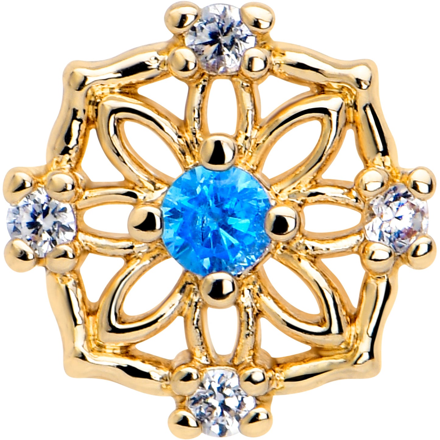 16G 1/4 Blue CZ Gem Gold Tone Flower Ring Cartilage Tragus Earring