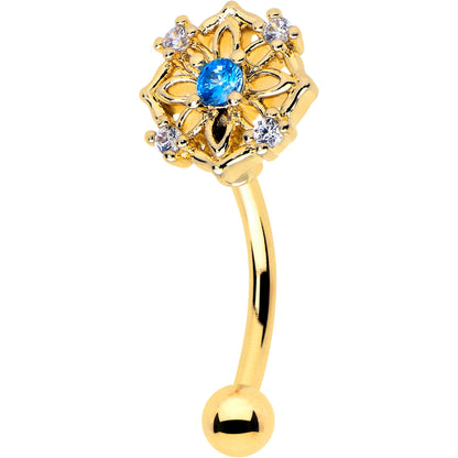 16G 5/16 Blue CZ Gem Gold Tone Flower Ring Curved Eyebrow Ring