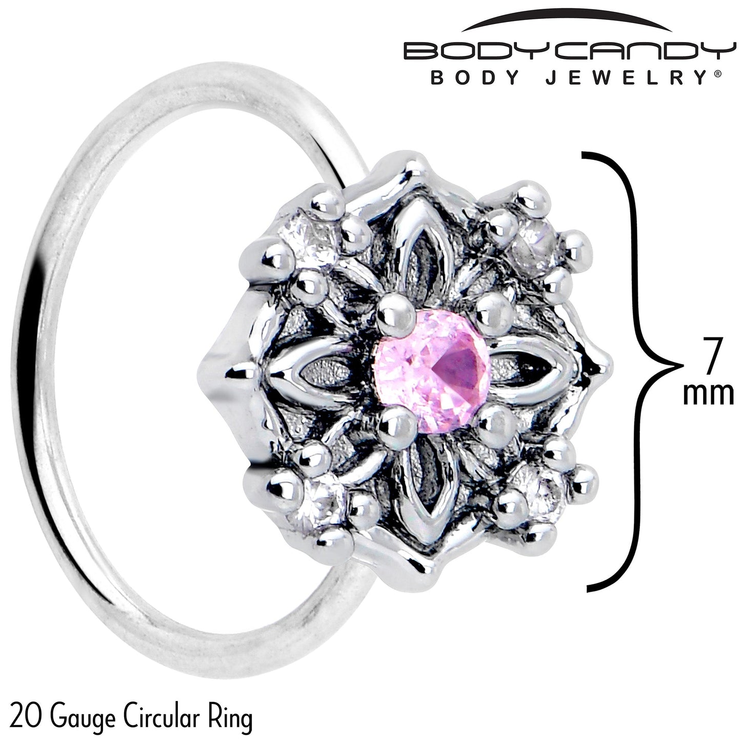 20G 5/16 Pink CZ Gem Flower Circle Nose Hoop