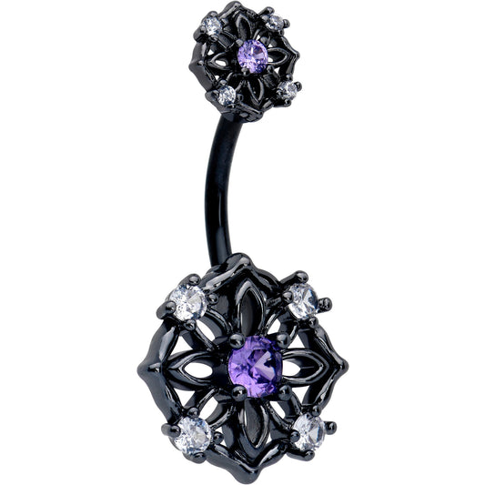 Purple CZ Gem Black Flower Ring Double Mount Belly Ring