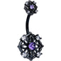 Purple CZ Gem Black Flower Ring Double Mount Belly Ring