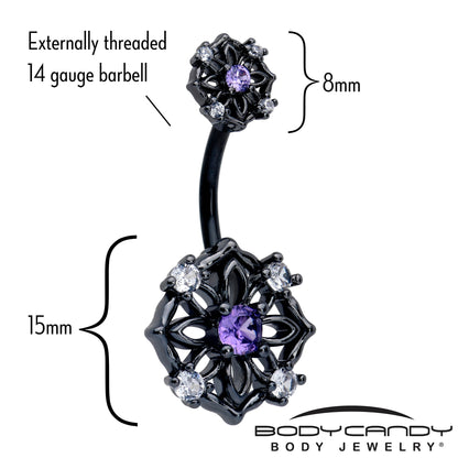 Purple CZ Gem Black Flower Ring Double Mount Belly Ring