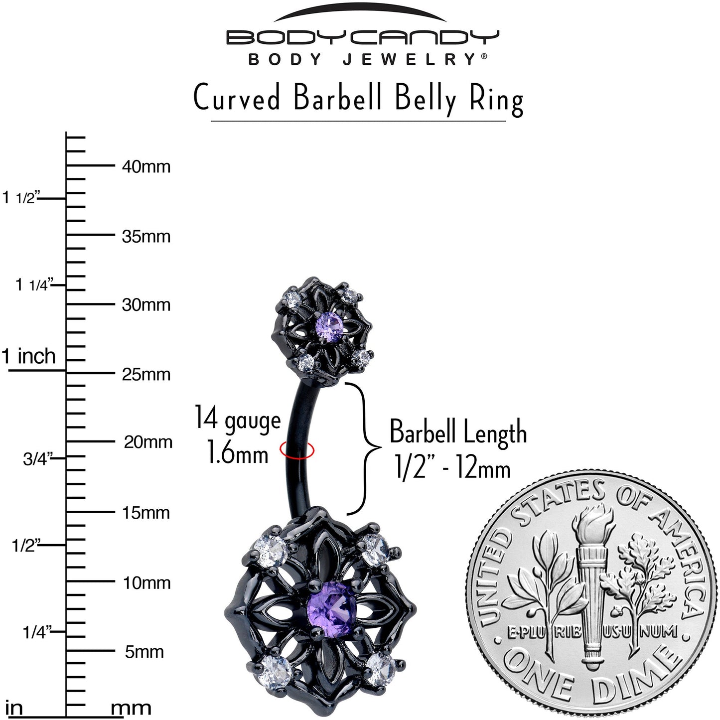 Purple CZ Gem Black Flower Ring Double Mount Belly Ring