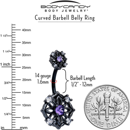 Purple CZ Gem Black Flower Ring Double Mount Belly Ring