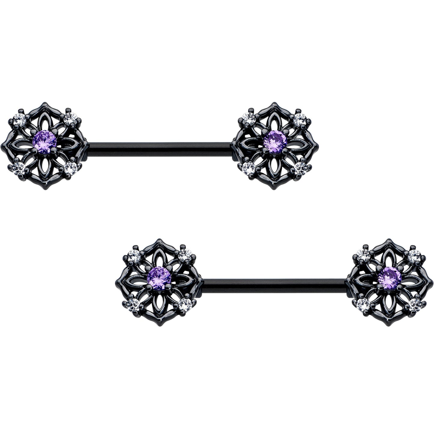 14G 9/16 Purple CZ Gem Black Flower Ring Barbell Nipple Ring Set