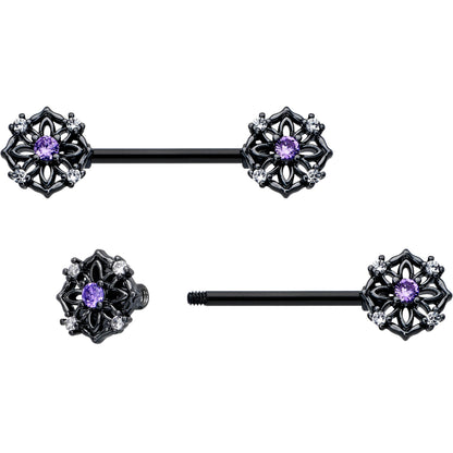 14G 9/16 Purple CZ Gem Black Flower Ring Barbell Nipple Ring Set