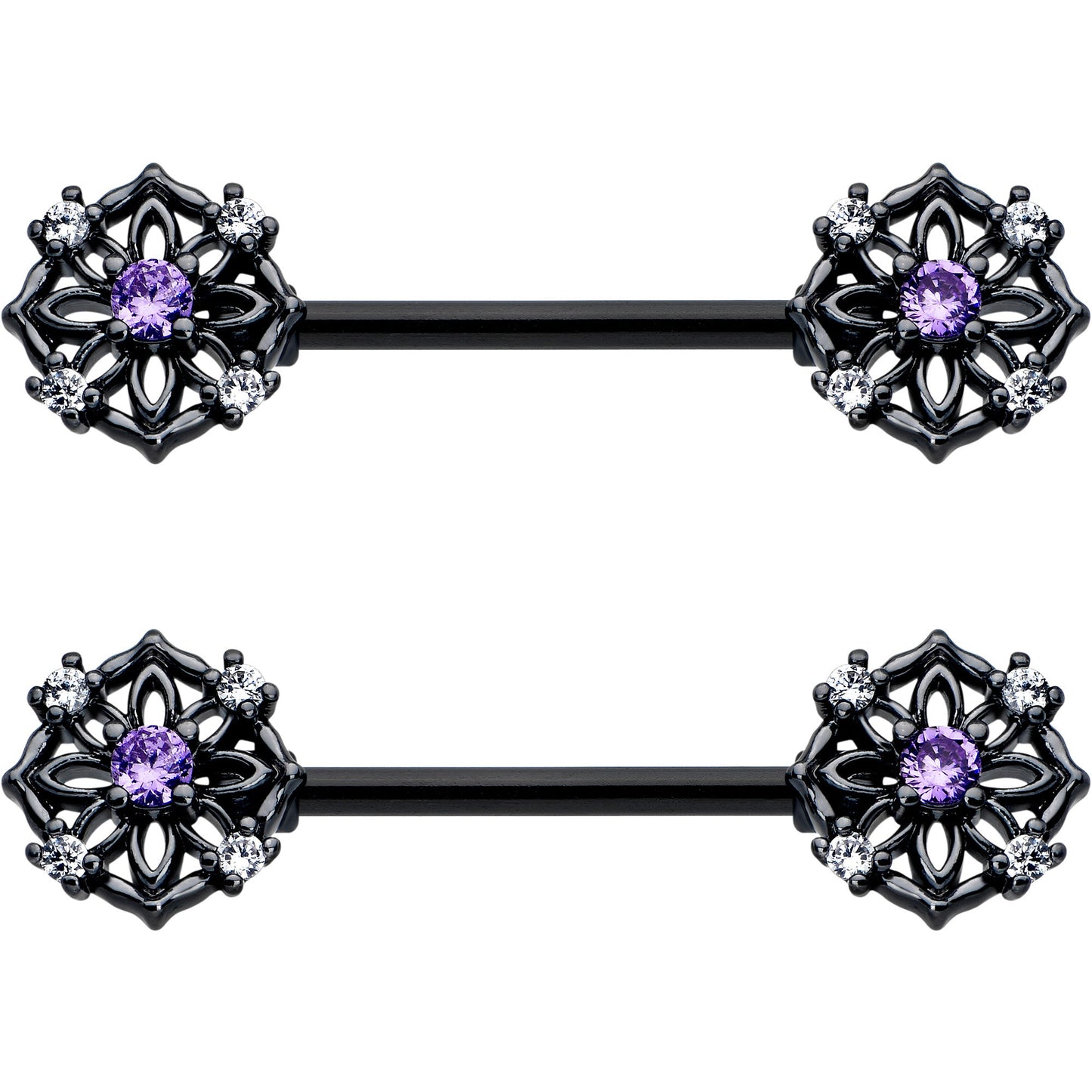 14G 9/16 Purple CZ Gem Black Flower Ring Barbell Nipple Ring Set