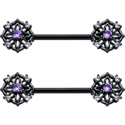 14G 9/16 Purple CZ Gem Black Flower Ring Barbell Nipple Ring Set