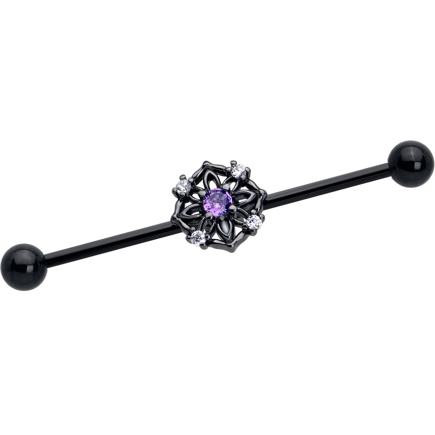 14G Purple CZ Gem Black Flower Ring Industrial Barbell 38mm