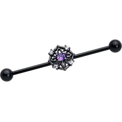 14G Purple CZ Gem Black Flower Ring Industrial Barbell 38mm