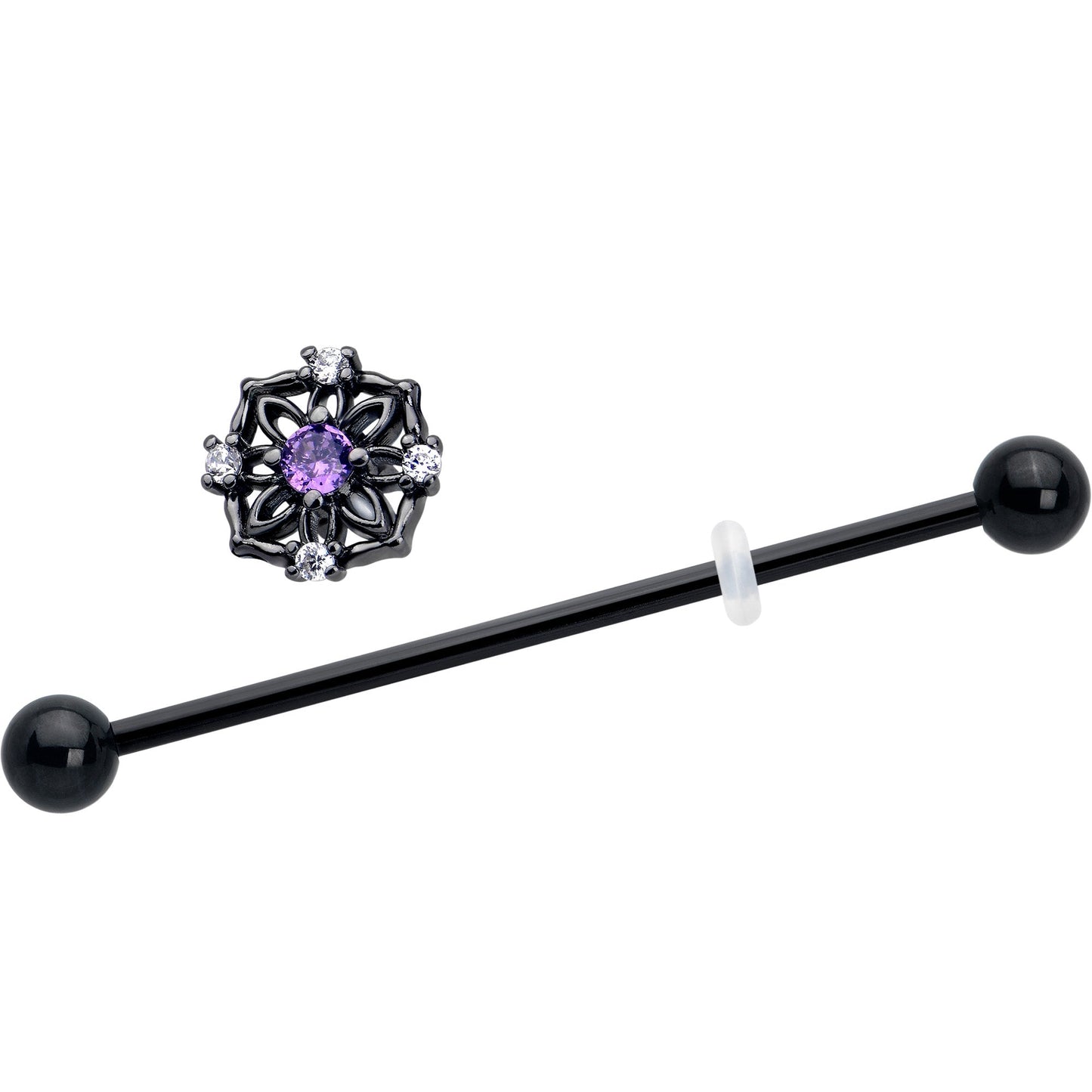 14G Purple CZ Gem Black Flower Ring Industrial Barbell 38mm