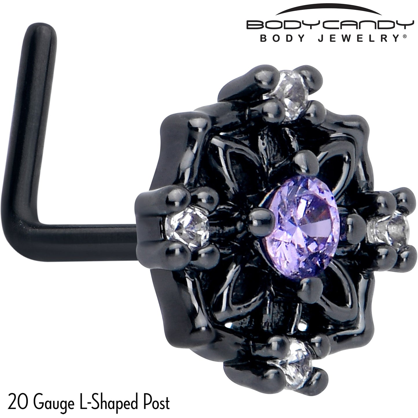 20G 7mm Purple CZ Gem Black Flower Ring L Shape Nose Ring