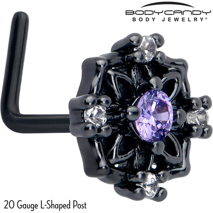 20G 7mm Purple CZ Gem Black Flower Ring L Shape Nose Ring