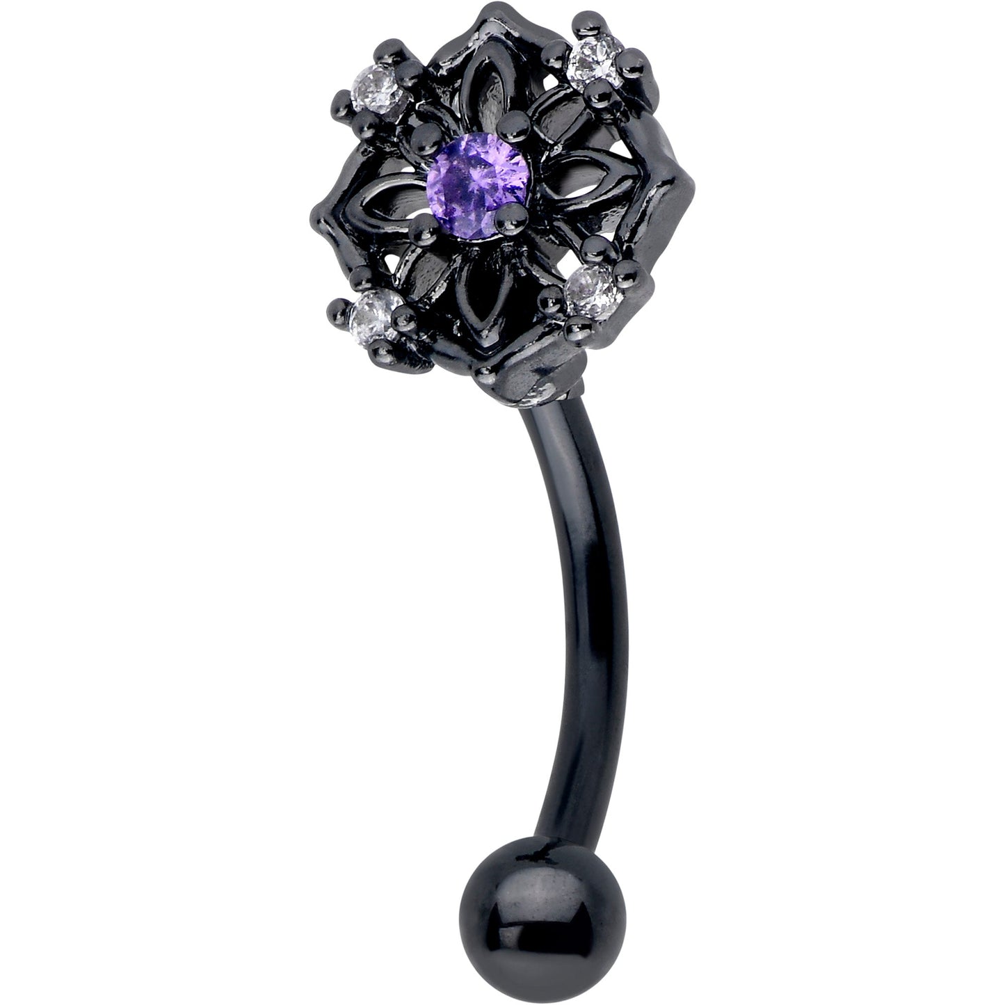 16G 5/16 Purple CZ Gem Black Flower Ring Curved Eyebrow Ring