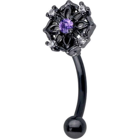 16G 5/16 Purple CZ Gem Black Flower Ring Curved Eyebrow Ring