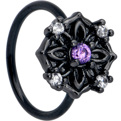 20G 5/16 Purple CZ Gem Black Flower Ring Nose Hoop