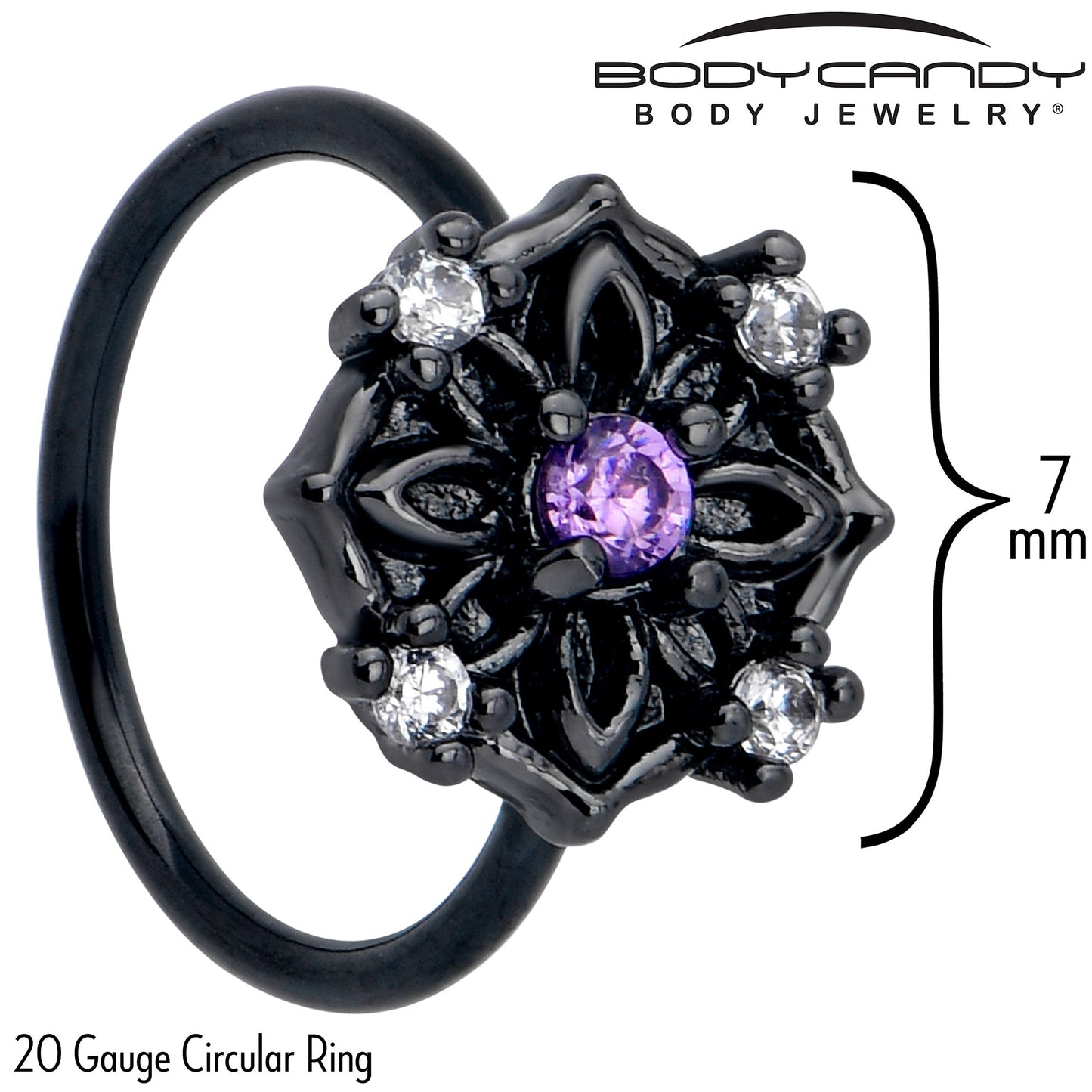 20G 5/16 Purple CZ Gem Black Flower Ring Nose Hoop
