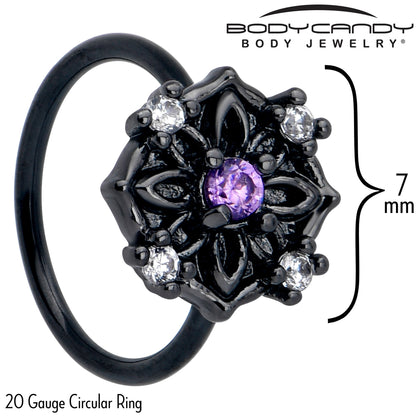 20G 5/16 Purple CZ Gem Black Flower Ring Nose Hoop