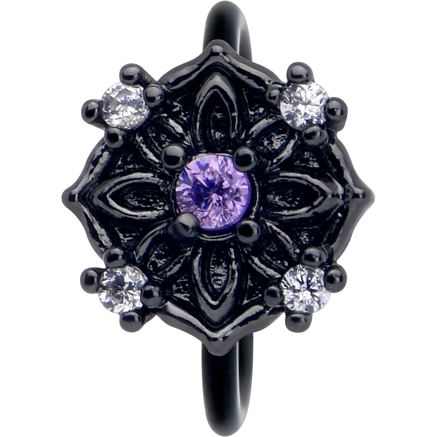 20G 5/16 Purple CZ Gem Black Flower Ring Nose Hoop