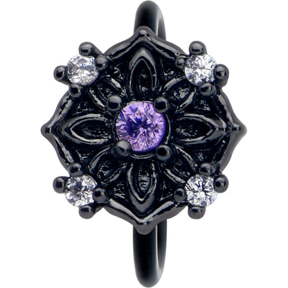 20G 5/16 Purple CZ Gem Black Flower Ring Nose Hoop