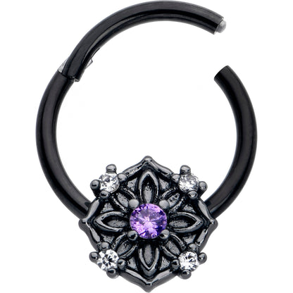 16G 3/8 Purple CZ Gem Black Flower Ring Hinged Segment Ring