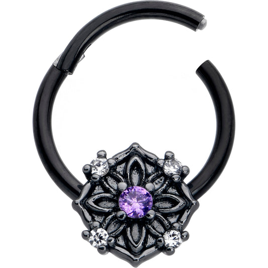16G 3/8 Purple CZ Gem Black Flower Ring Hinged Segment Ring