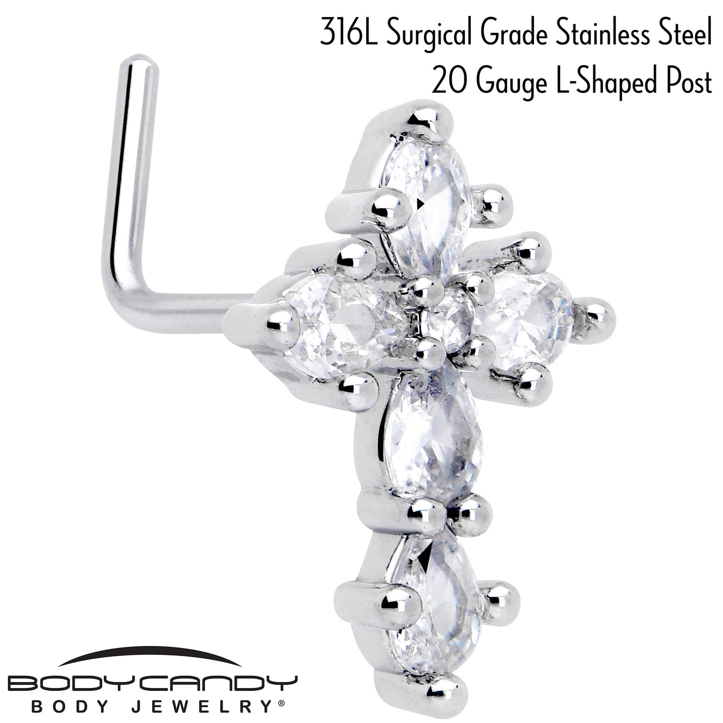 20G 7mm Clear CZ Gem Cross Dangle L Shape Nose Ring