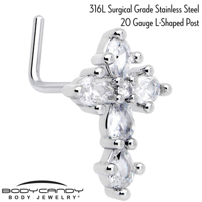 20G 7mm Clear CZ Gem Cross Dangle L Shape Nose Ring