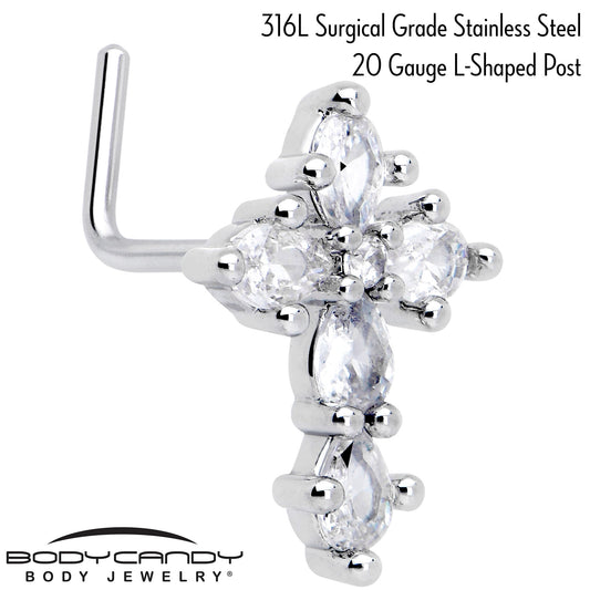 20G 7mm Clear CZ Gem Cross Dangle L Shape Nose Ring