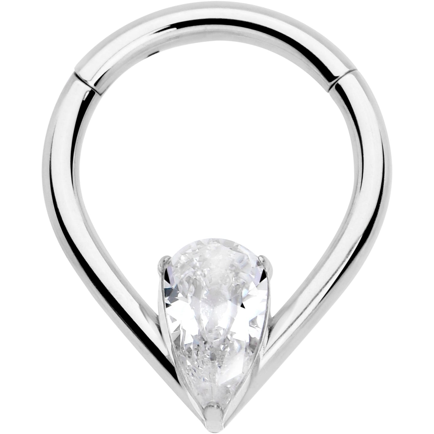 16G CZ Stainless Steel Hinged Segment Ring with Gem Teardrop