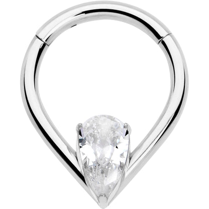 16G CZ Stainless Steel Hinged Segment Ring with Gem Teardrop
