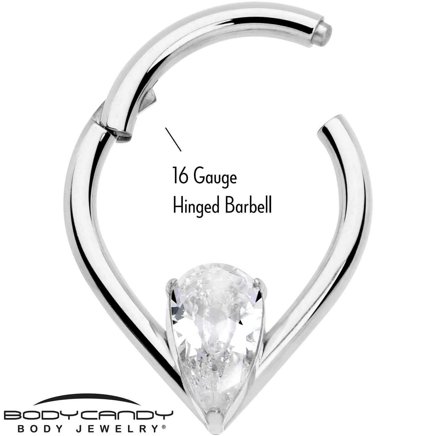 16G CZ Stainless Steel Hinged Segment Ring with Gem Teardrop