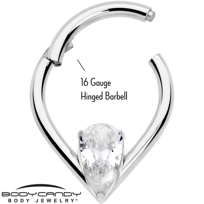 16G CZ Stainless Steel Hinged Segment Ring with Gem Teardrop