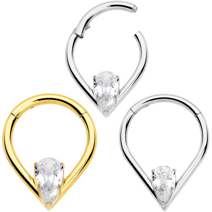 16G CZ Stainless Steel Hinged Segment Ring with Gem Teardrop