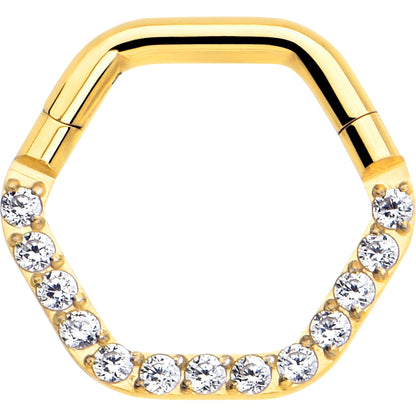 16G 5/16 Clear CZ Gem Gold Tone Hexagon Shape Hinged Segment Ring
