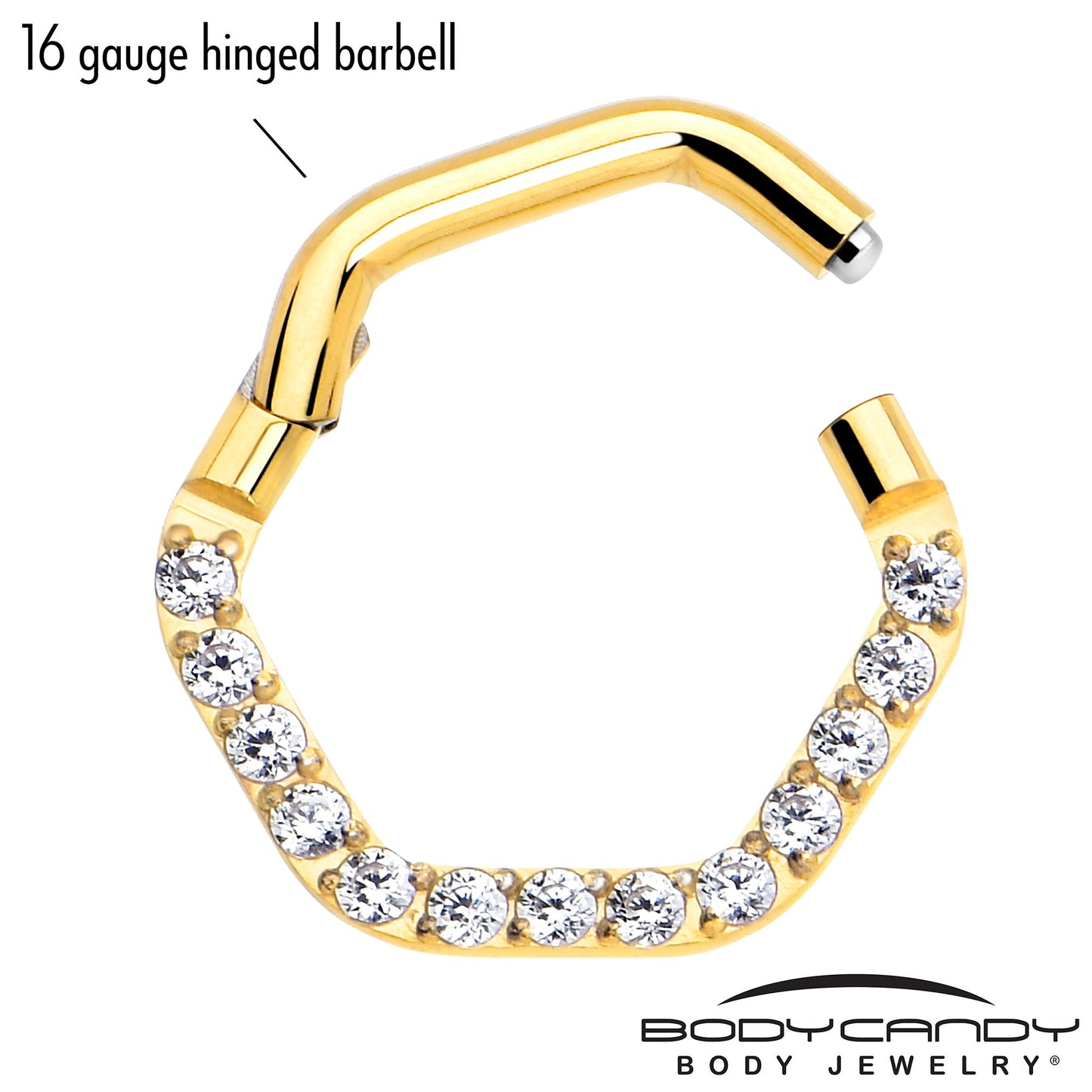 16G 5/16 Clear CZ Gem Gold Tone Hexagon Shape Hinged Segment Ring