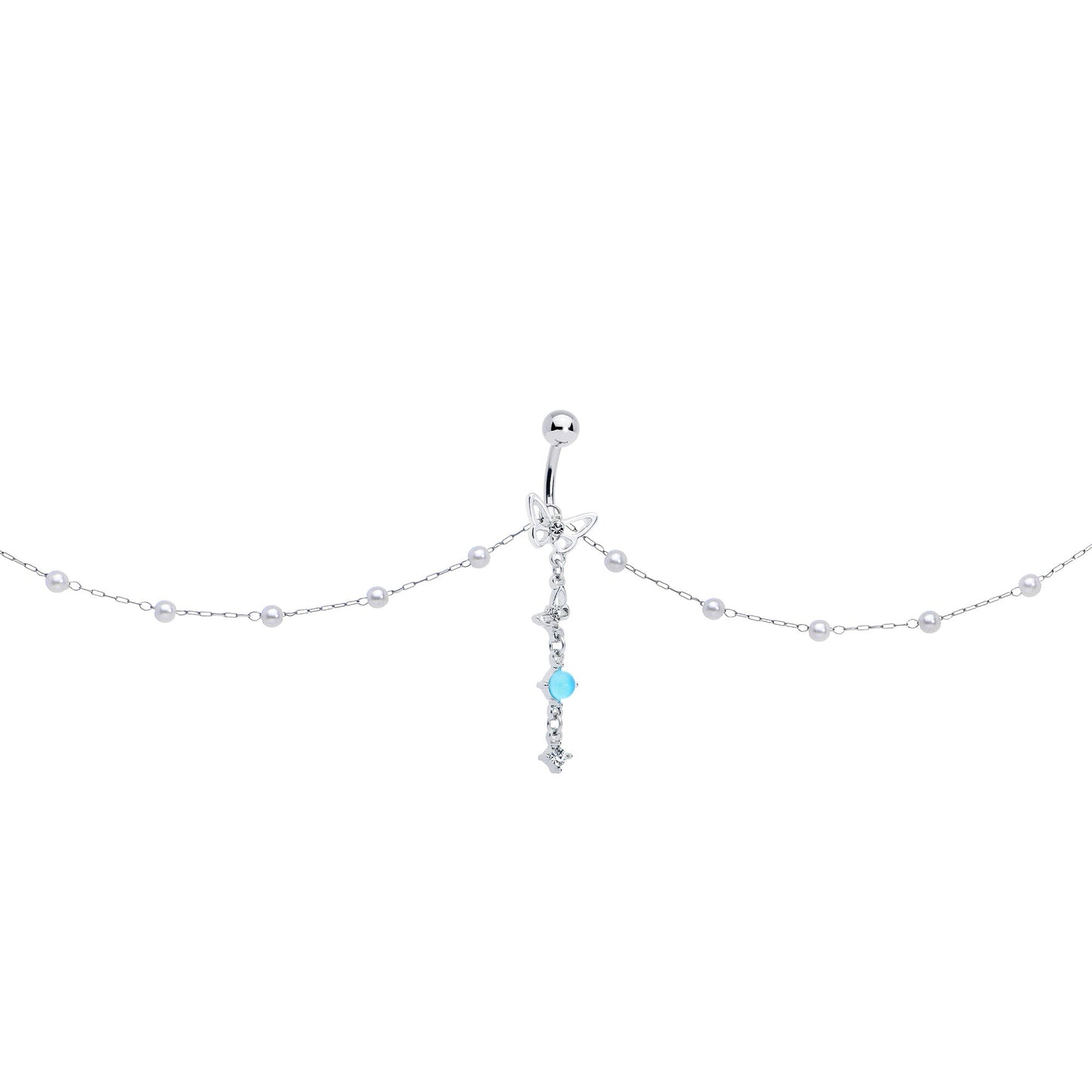 Clear CZ Gem Double Butterfly Faux Pearl Dangle Belly Chain Belly Ring