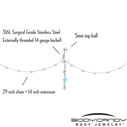 Clear CZ Gem Double Butterfly Faux Pearl Dangle Belly Chain Belly Ring