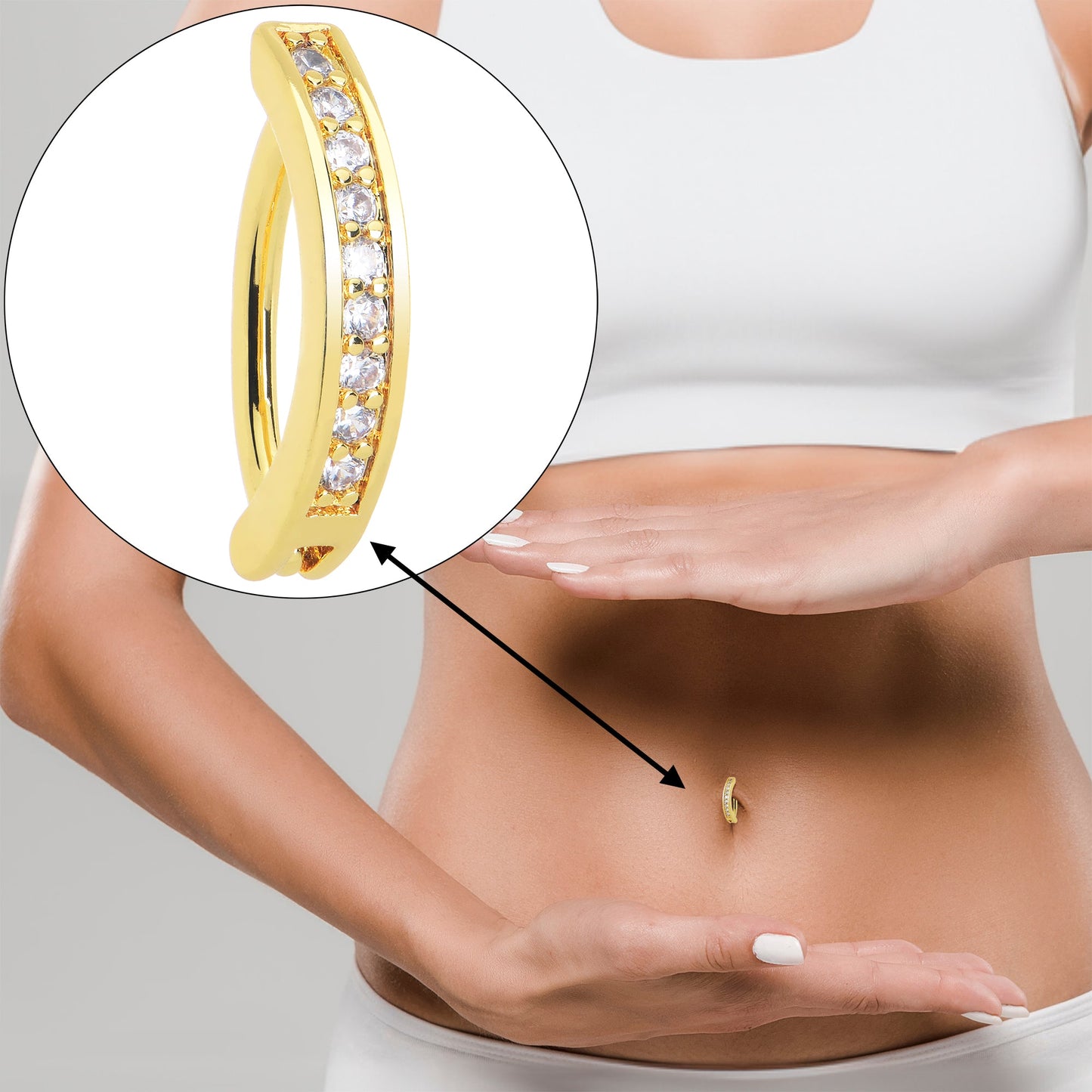 Clear CZ Gem Gold Tone Paved Row Perfection Hinged Hoop Belly Ring