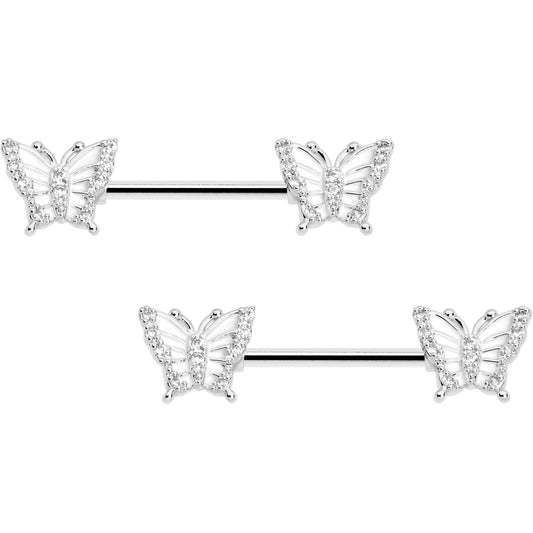 14G 9/16 CZ Gem Airy Butterfly Barbell Nipple Ring Set