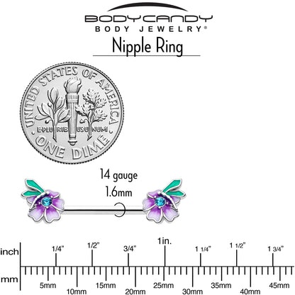 14G 9/16 Blue Gem Faerie Flower Purple Barbell Nipple Ring Set