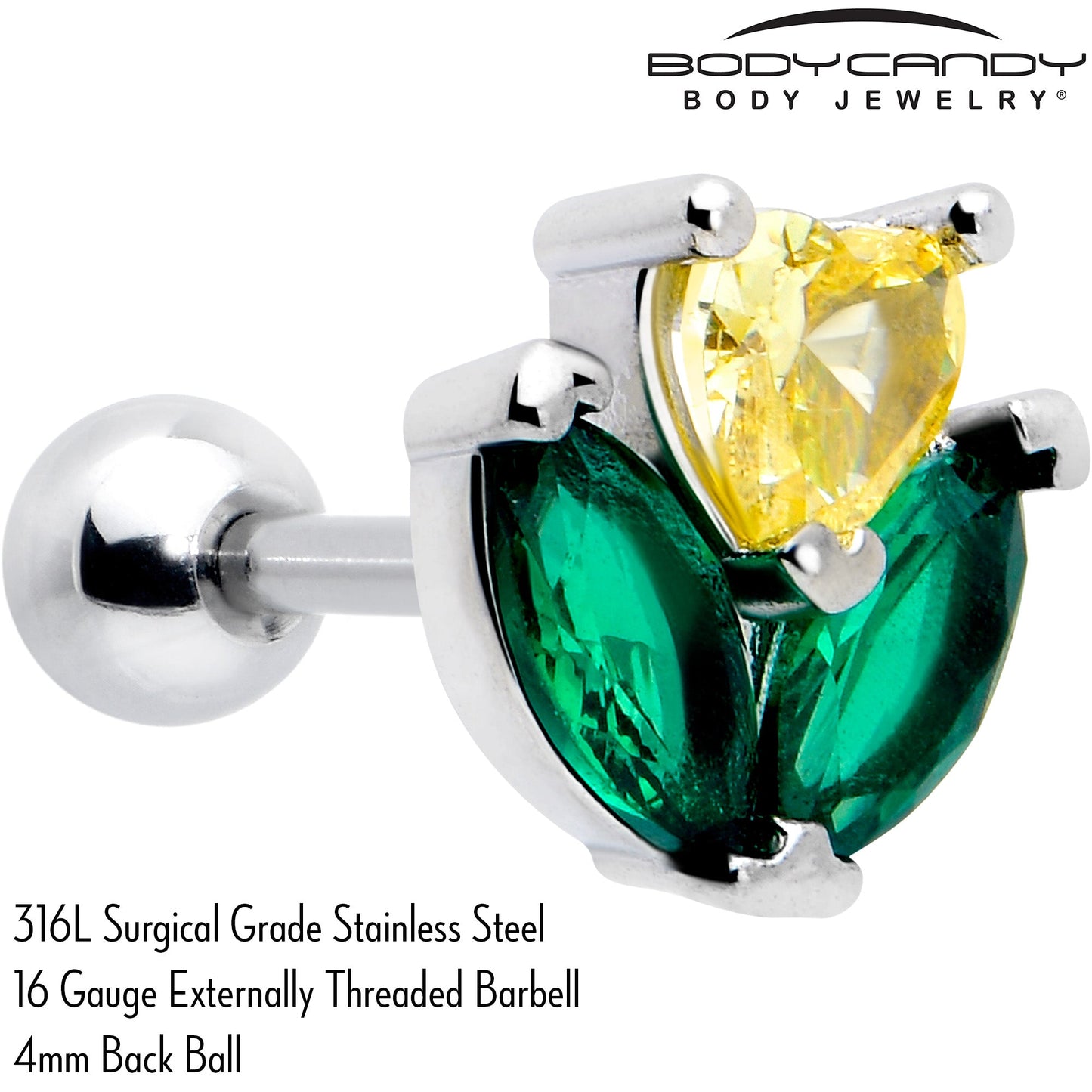 16G 1/4 Yellow Green CZ Gem Love Flower Cartilage Tragus Earring