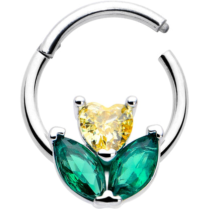 16G 5/16 Yellow Green CZ Gem Love Flower Hinged Segment Ring