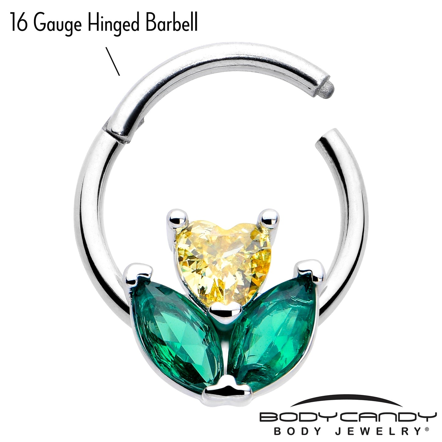 16G 5/16 Yellow Green CZ Gem Love Flower Hinged Segment Ring