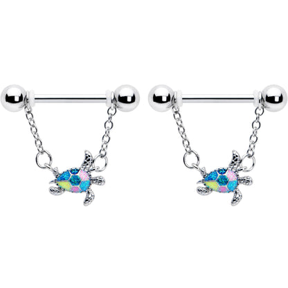 14G 9/16 Glitter Turtle Chain Dangle Nipple Ring Set