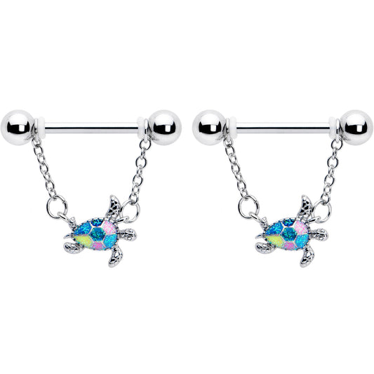 14G 9/16 Glitter Turtle Chain Dangle Nipple Ring Set